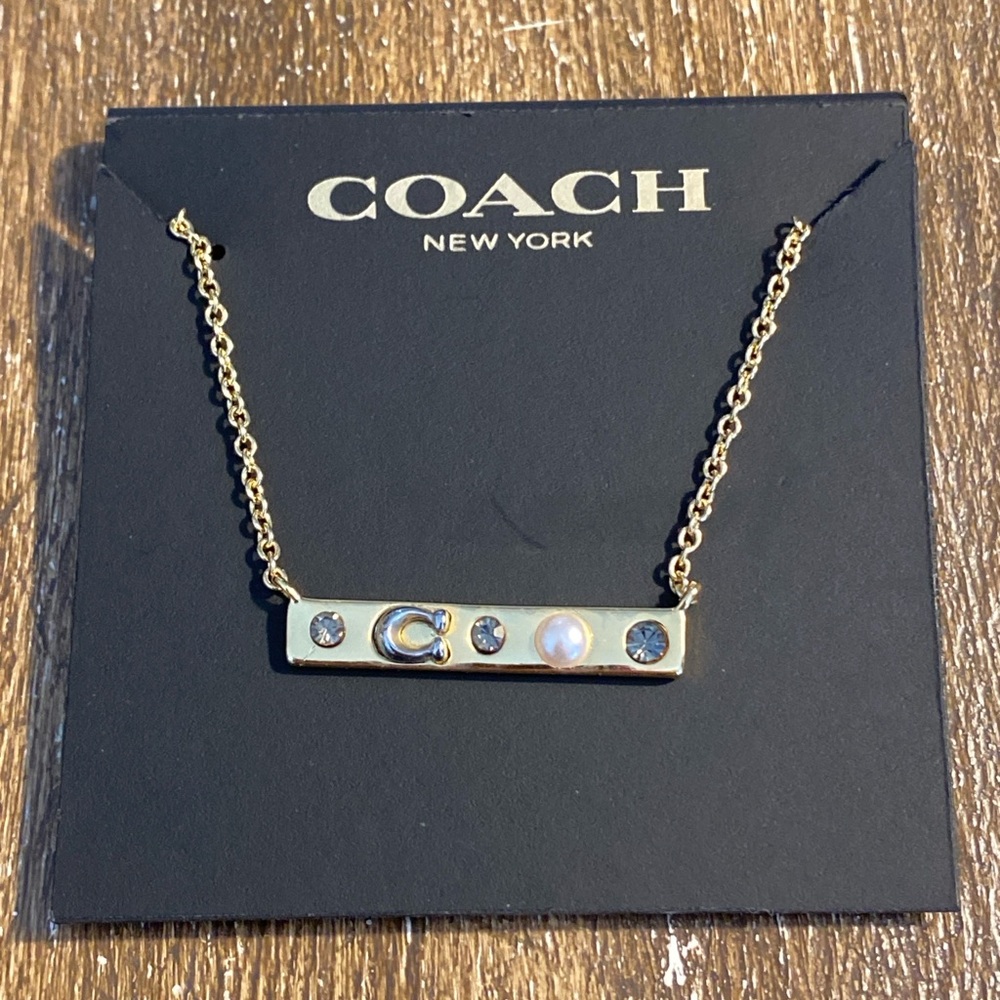 Coach Gold Bar Pendant Necklace with Crystal and Pearl Accents NEW